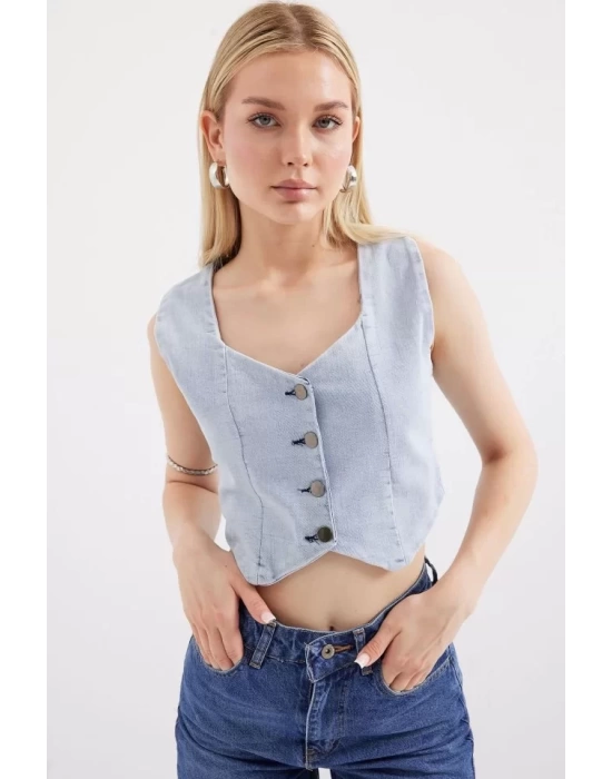 6797 Crop Kot Yelek - Mavi