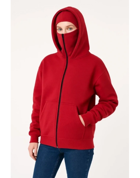 bysoca Kadın Balaklavalı Kapüşonlu Fermuarlı Kanguru Cepli Uzun Kollu Sweatshirt - Kırmızı