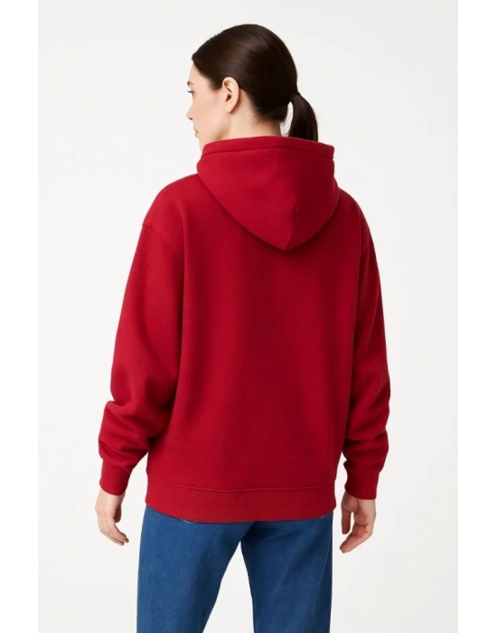 bysoca Kadın Balaklavalı Kapüşonlu Fermuarlı Kanguru Cepli Uzun Kollu Sweatshirt - Kırmızı