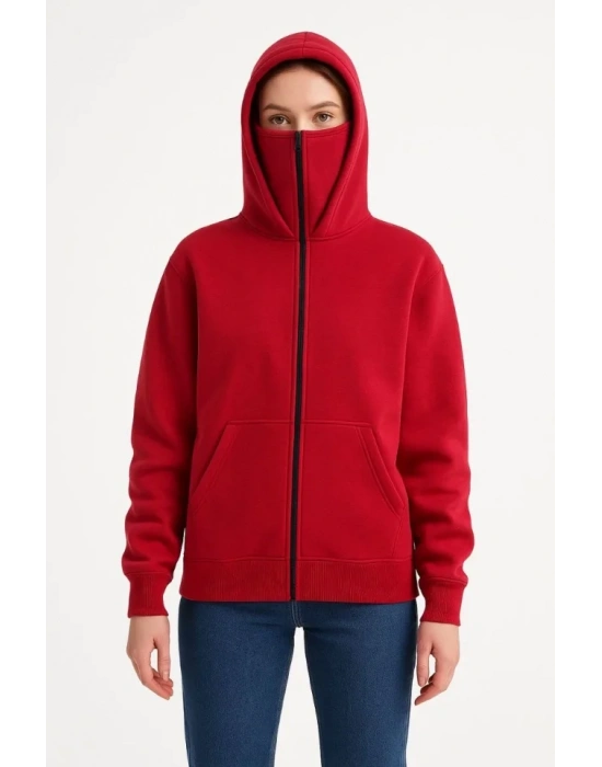 bysoca Kadın Balaklavalı Kapüşonlu Fermuarlı Kanguru Cepli Uzun Kollu Sweatshirt - Kırmızı