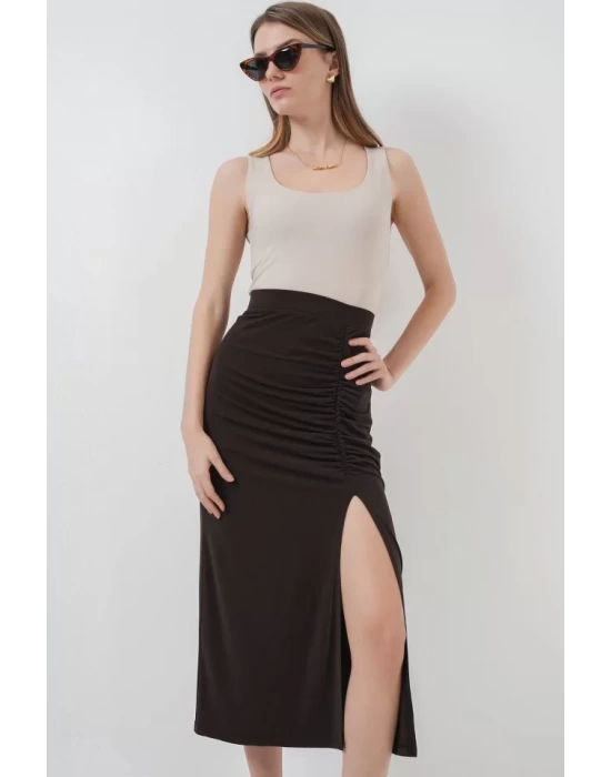 8033 Sandy Yırtmaçlı Etek - Kahverengi