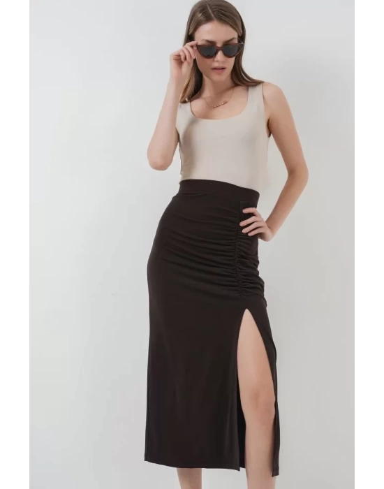 8033 Sandy Yırtmaçlı Etek - Kahverengi