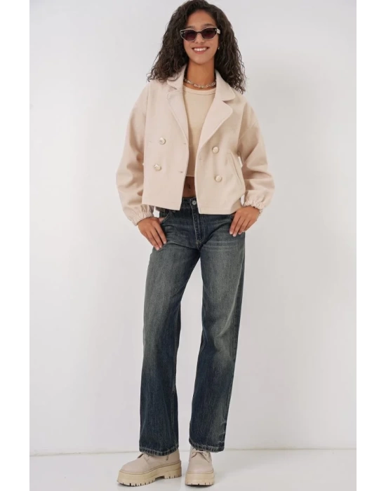 9117 Kruvaze Yaka Crop Ceket - Bej