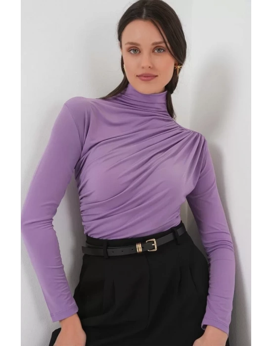 925 Büzgü Detaylı Sandy Bluz - Lila