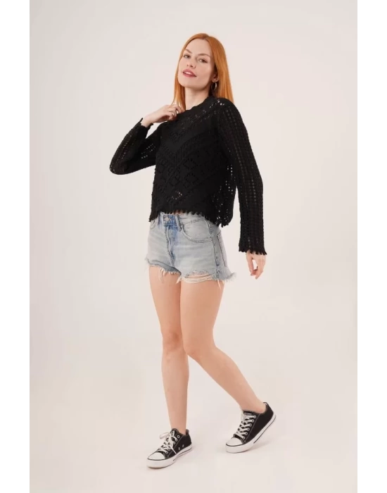 Ajurlu Delikli Model Mevsimlik Siyah Kazak