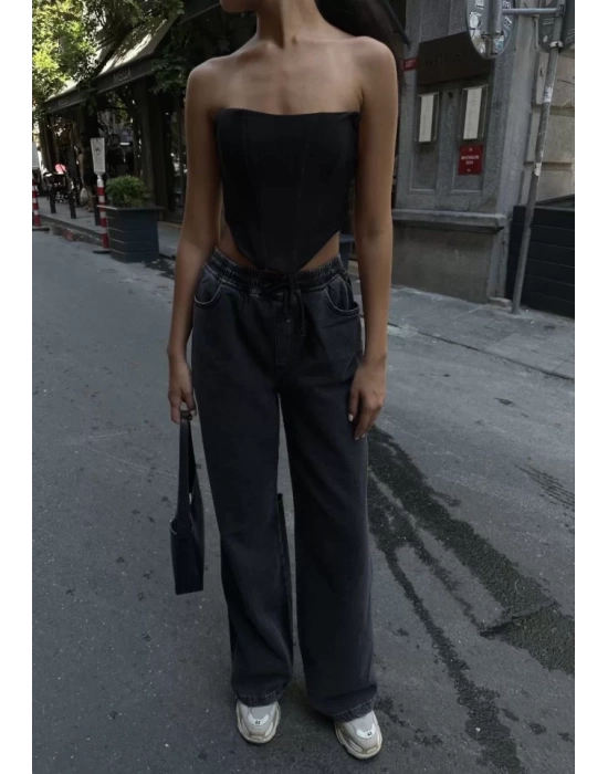 Arkadan Yırtmaçlı Jeans Kot Palazzo Pantolon - Siyah