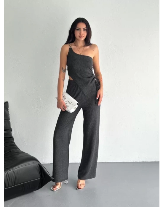 Asimetrik Crop Pantalon Ikili Takım - Füme