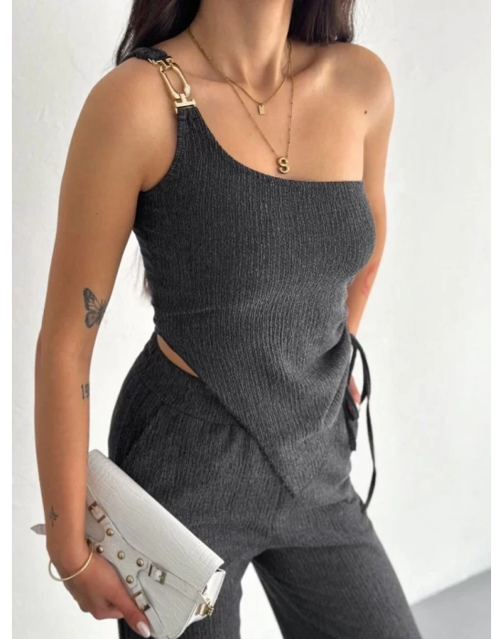 Asimetrik Crop Pantalon Ikili Takım - Füme