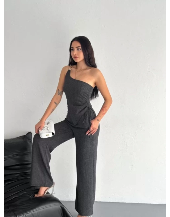 Asimetrik Crop Pantalon Ikili Takım - Füme