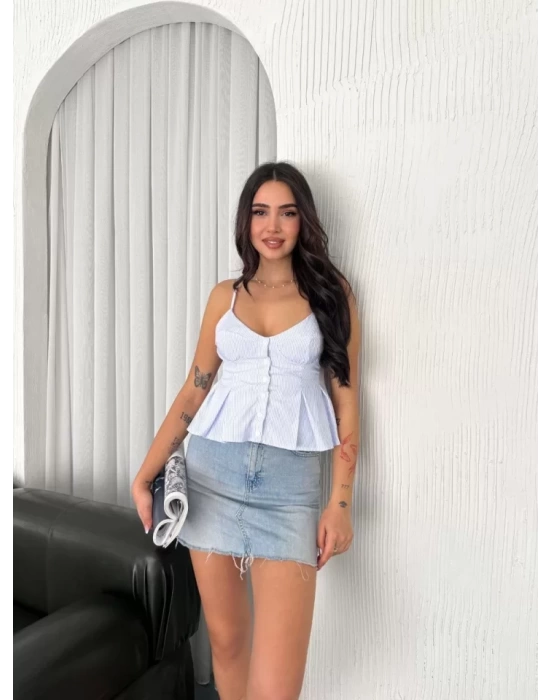 Askılı Dekolte Deraylı Crop - Açık Mavi