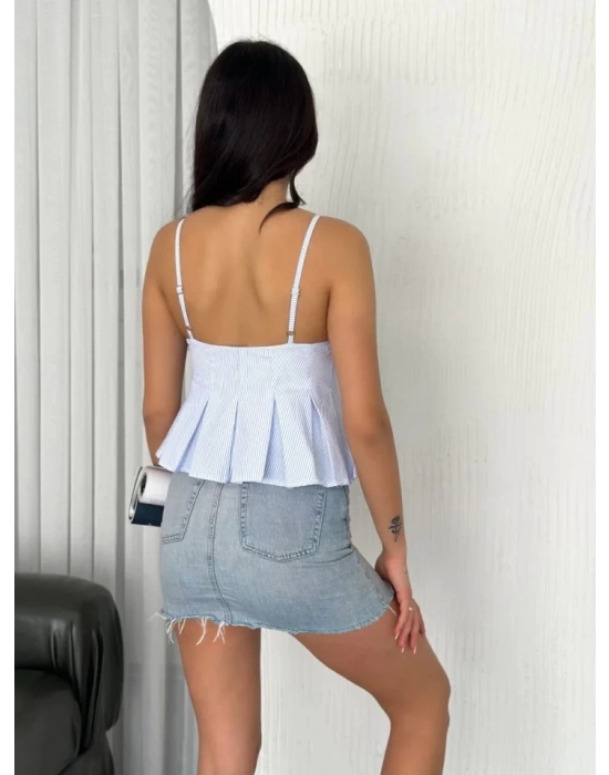 Askılı Dekolte Deraylı Crop - Açık Mavi