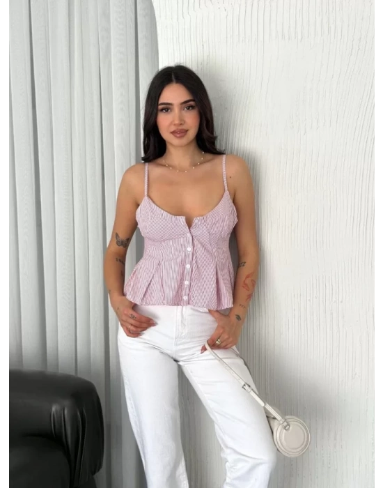 Askılı Dekolte Deraylı Crop - Kırmızı