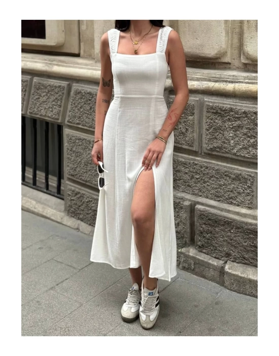 Bağcıklı Sırt Detaylı Yırtmaçlı Keten Maxi Elbise – Yazlık Şıklık