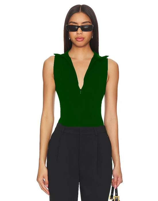 bysoca Kadın Yeşil Balıkçı Yaka Fermuarlı Sıfır Kol Vücudu Saran Basic Bodysuit