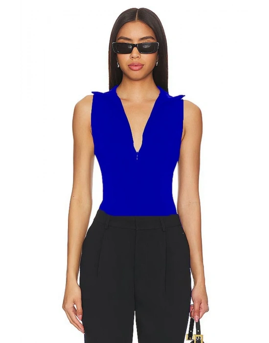 bysoca Kadın Mavi Balıkçı Yaka Fermuarlı Sıfır Kol Vücudu Saran Basic Bodysuit