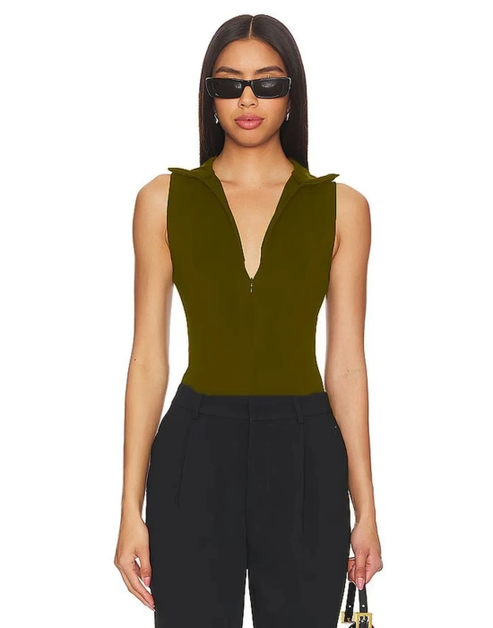 bysoca Kadın Kahverengi Balıkçı Yaka Fermuarlı Sıfır Kol Vücudu Saran Basic Bodysuit