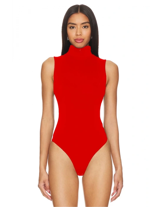 bysoca Kadın Kırmızı Balıkçı Yaka Fermuarlı Sıfır Kol Vücudu Saran Basic Bodysuit