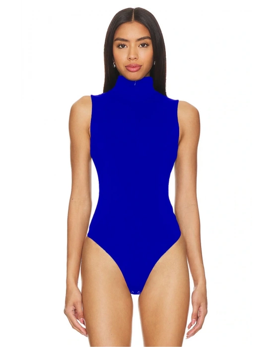 bysoca Kadın Mavi Balıkçı Yaka Fermuarlı Sıfır Kol Vücudu Saran Basic Bodysuit