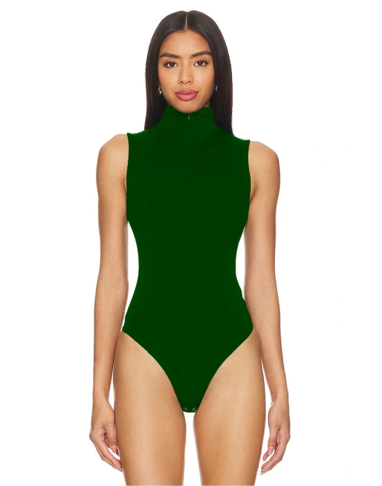 bysoca Kadın Yeşil Balıkçı Yaka Fermuarlı Sıfır Kol Vücudu Saran Basic Bodysuit