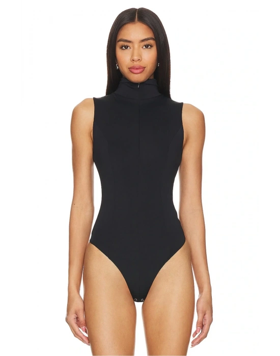 bysoca Kadın Siyah Balıkçı Yaka Fermuarlı Sıfır Kol Vücudu Saran Basic Bodysuit