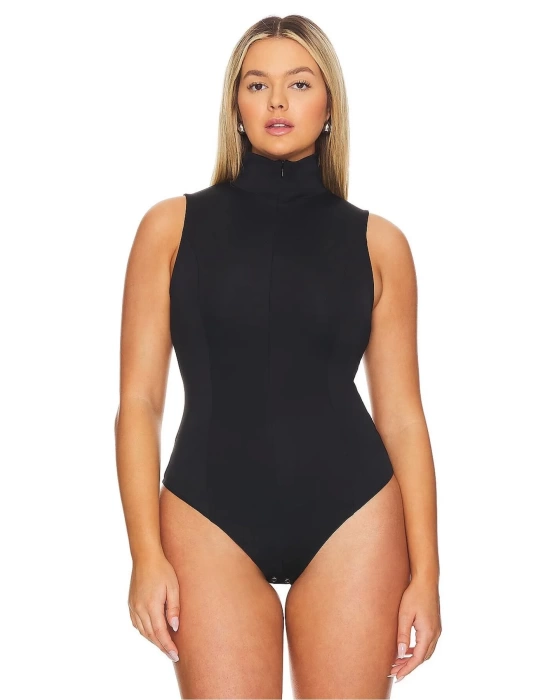 bysoca Kadın Siyah Balıkçı Yaka Fermuarlı Sıfır Kol Vücudu Saran Basic Bodysuit