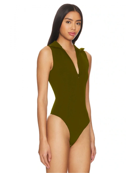 bysoca Kadın Kahverengi Balıkçı Yaka Fermuarlı Sıfır Kol Vücudu Saran Basic Bodysuit