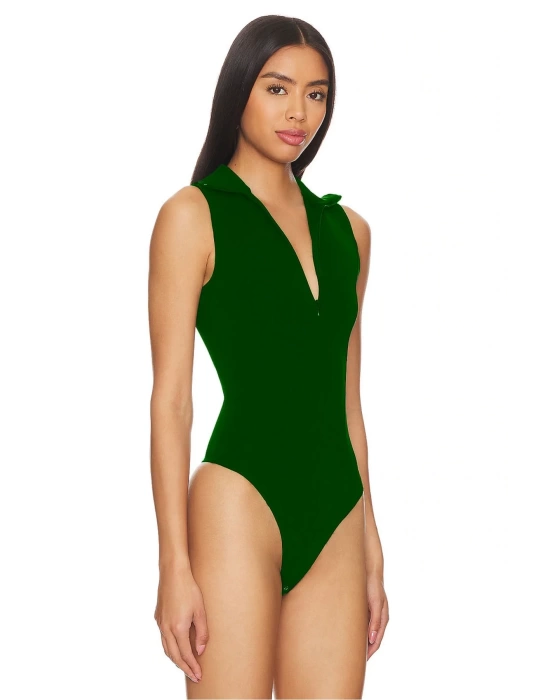 bysoca Kadın Yeşil Balıkçı Yaka Fermuarlı Sıfır Kol Vücudu Saran Basic Bodysuit