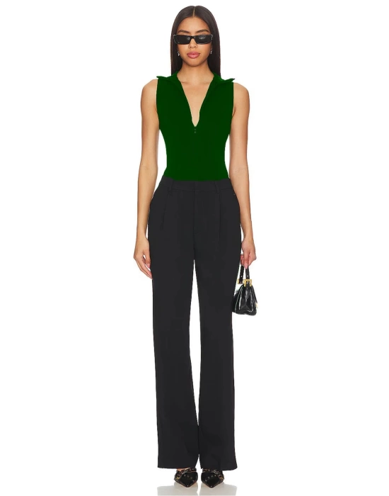 bysoca Kadın Yeşil Balıkçı Yaka Fermuarlı Sıfır Kol Vücudu Saran Basic Bodysuit