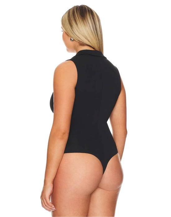 bysoca Kadın Siyah Balıkçı Yaka Fermuarlı Sıfır Kol Vücudu Saran Basic Bodysuit