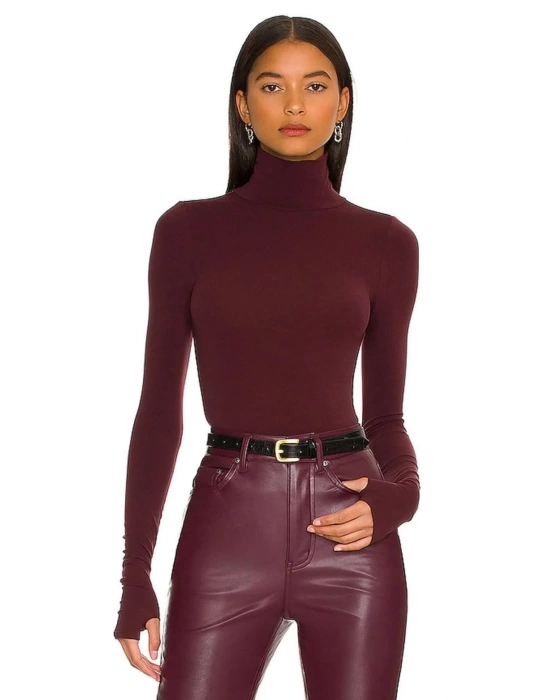 bysoca Kadın Bordo Balıkçı Yaka Uzun Kollu Parmak Geçmeli İpek Jarse Bodysuit