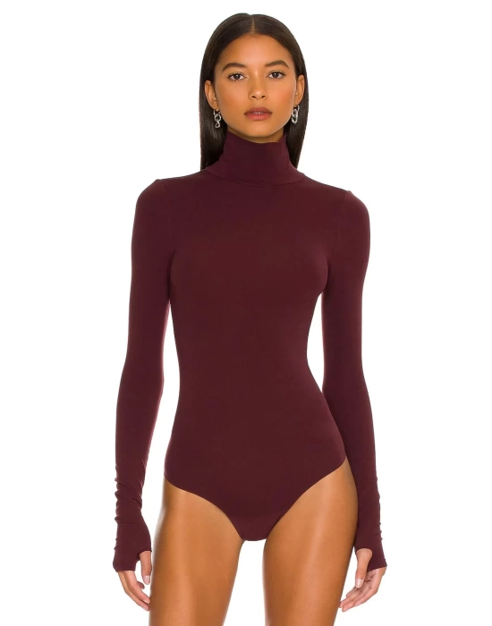 bysoca Kadın Bordo Balıkçı Yaka Uzun Kollu Parmak Geçmeli İpek Jarse Bodysuit