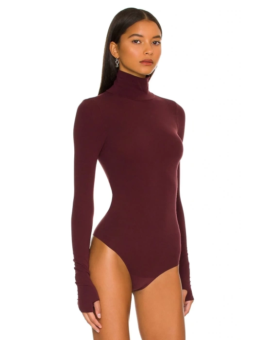 bysoca Kadın Bordo Balıkçı Yaka Uzun Kollu Parmak Geçmeli İpek Jarse Bodysuit