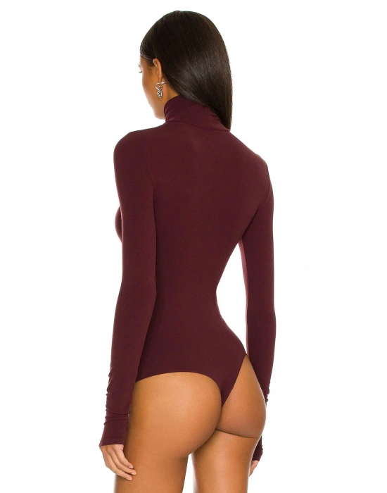 bysoca Kadın Bordo Balıkçı Yaka Uzun Kollu Parmak Geçmeli İpek Jarse Bodysuit