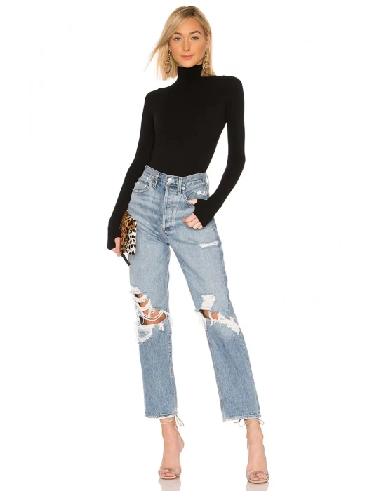 bysoca Kadın Siyah Balıkçı Yaka Uzun Kollu Parmak Geçmeli İpek Jarse Bodysuit