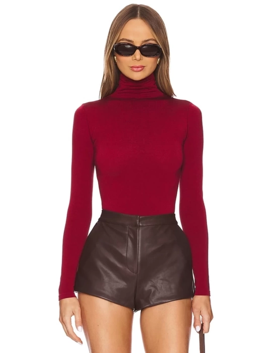 bysoca Kadın Bordo Balıkçı Yaka Uzun Kollu Vücudu Saran Basic Bodysuit