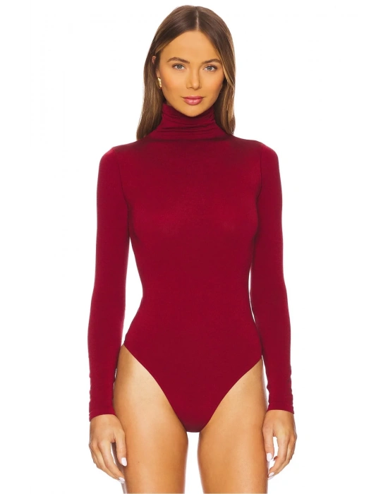bysoca Kadın Bordo Balıkçı Yaka Uzun Kollu Vücudu Saran Basic Bodysuit