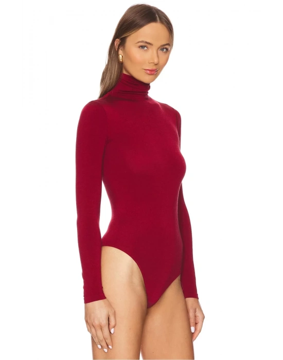 bysoca Kadın Bordo Balıkçı Yaka Uzun Kollu Vücudu Saran Basic Bodysuit