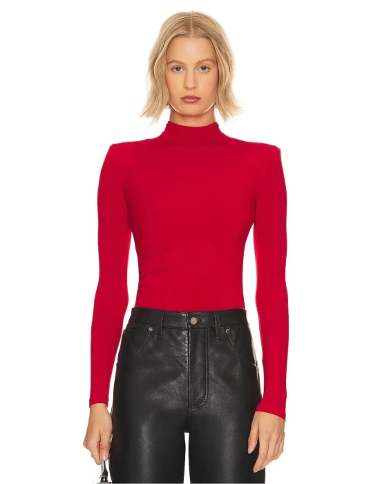 bysoca Kadın Kırmızı Balıkçı Yaka Vatkalı Yanı Büzgülü Uzun Kollu Vücudu Saran Bodysuit