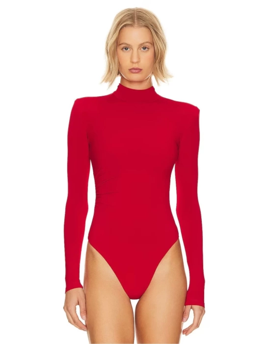 bysoca Kadın Kırmızı Balıkçı Yaka Vatkalı Yanı Büzgülü Uzun Kollu Vücudu Saran Bodysuit