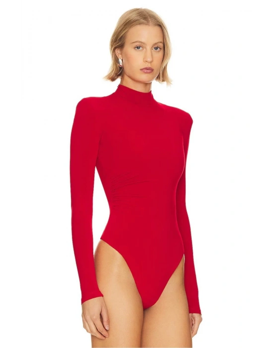bysoca Kadın Kırmızı Balıkçı Yaka Vatkalı Yanı Büzgülü Uzun Kollu Vücudu Saran Bodysuit