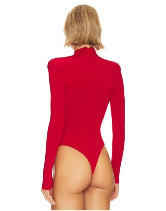bysoca Kadın Kırmızı Balıkçı Yaka Vatkalı Yanı Büzgülü Uzun Kollu Vücudu Saran Bodysuit
