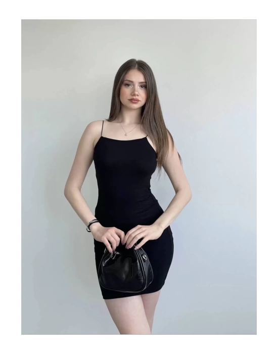 bysoca Kadın Siyah İp Askılı Vücudu Saran Basic Mini Kısa Bodycon Elbise