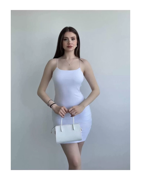 bysoca Kadın Beyaz İp Askılı Vücudu Saran Basic Mini Kısa Bodycon Elbise