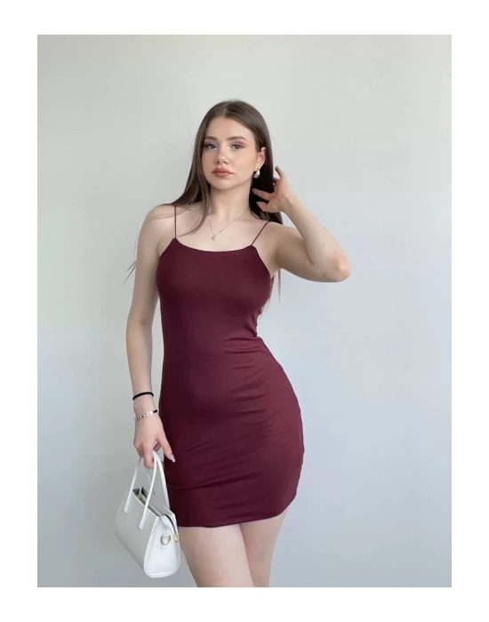 bysoca Kadın Bordo İp Askılı Vücudu Saran Basic Mini Kısa Bodycon Elbise
