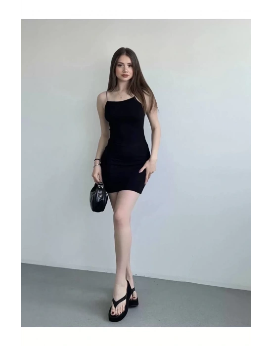 bysoca Kadın Siyah İp Askılı Vücudu Saran Basic Mini Kısa Bodycon Elbise
