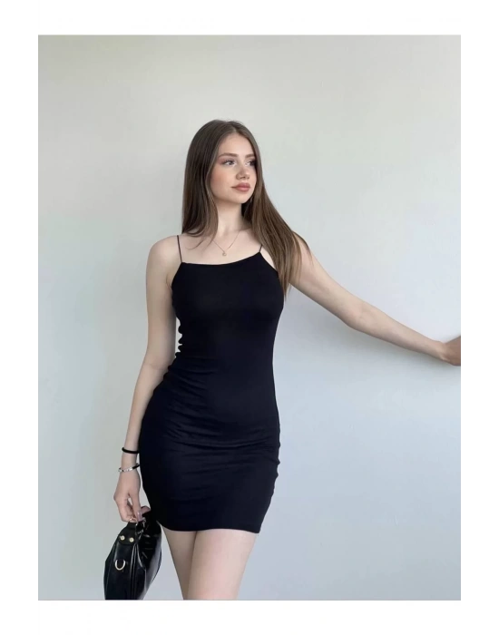 bysoca Kadın Siyah İp Askılı Vücudu Saran Basic Mini Kısa Bodycon Elbise