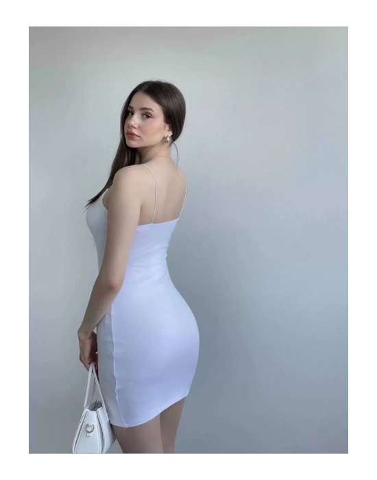 bysoca Kadın Beyaz İp Askılı Vücudu Saran Basic Mini Kısa Bodycon Elbise