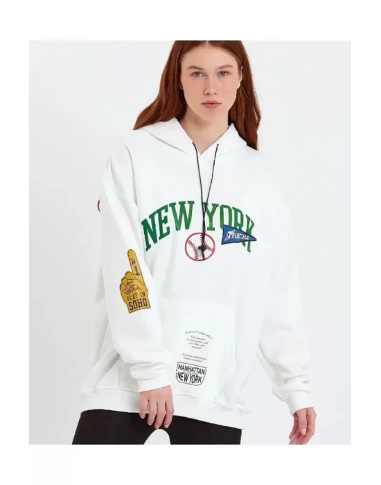 Baskılı Kapüşonlu Sweatshirt - Beyaz