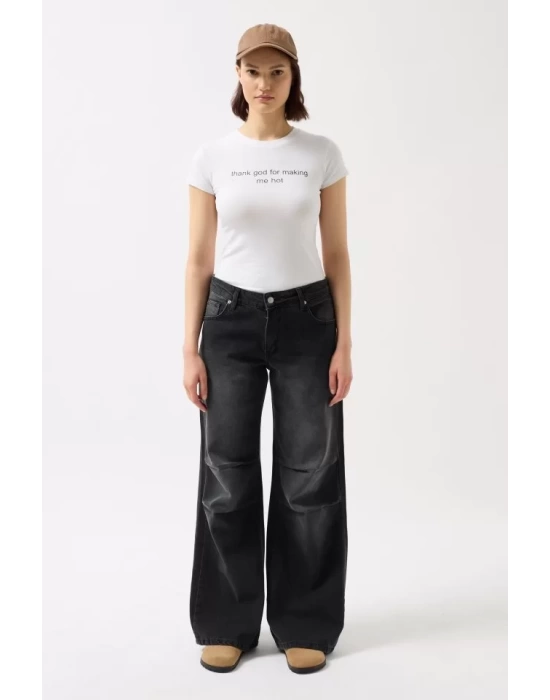 Baskılı Likralı Crop T-Shirt