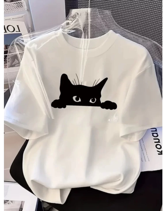 Baskılı Oversize Bisiklet Yaka T-shirt - Beyaz